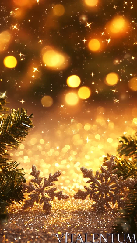 Glittered snowflake foreground with golden festive bokeh field.