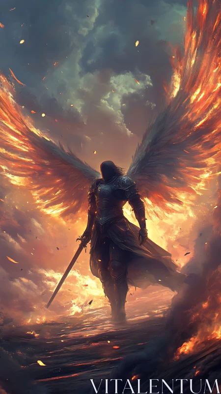 Armored seraph emerging through apocalyptic firestorm sky.