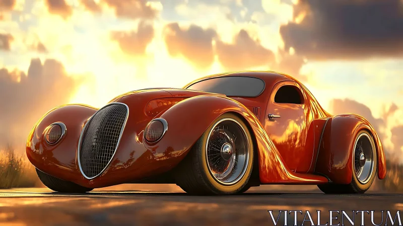 Sunset-slick retro hot rod gliding through molten light.