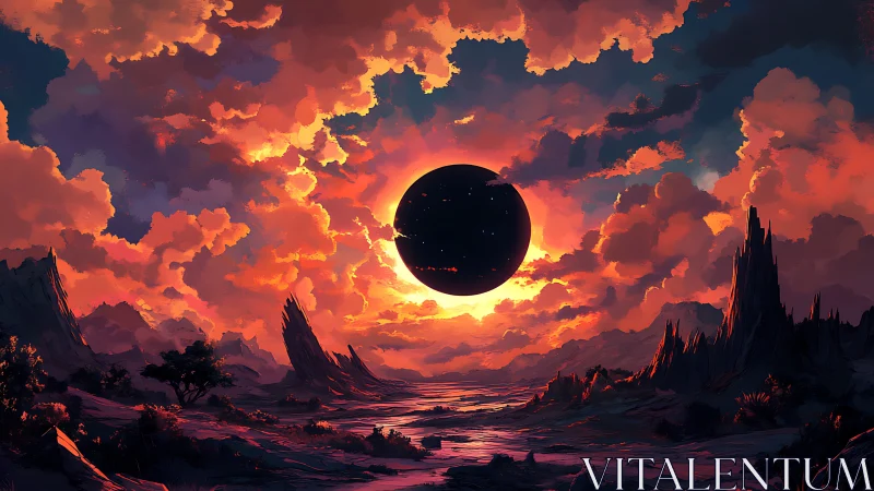 Solar eclipse ignites alien canyon skies in molten firelight.