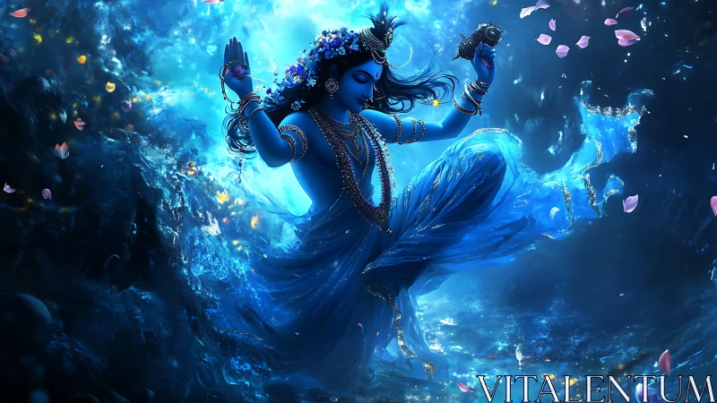 Celestial blue dancer swirling through luminous cosmic tides.