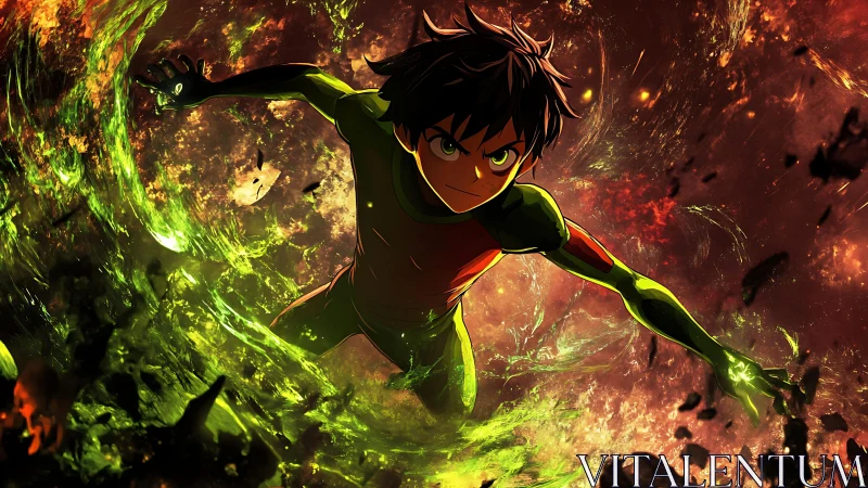 Young anime hero charges through swirling green energy storm.