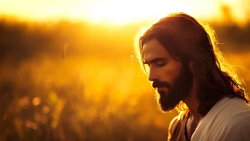 Golden-hour portrait of serene bearded man in quiet prayer.