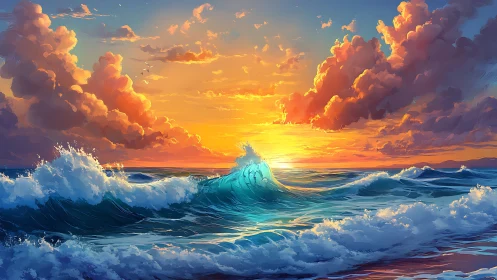 Sunlit ocean wave rises beneath dense clouds at horizon