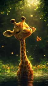 Digital painting of serene giraffe portrait in forest pool.