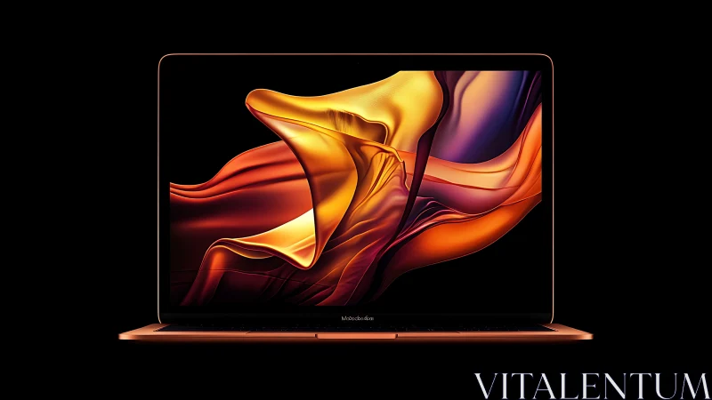 Molten silk waves swirl across a midnight laptop stage.