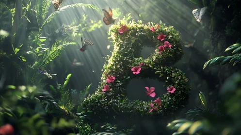 Lush letter B of greenery and pink flowers in forest light.
