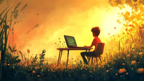 Child codes outdoors under warm glowing sunset light