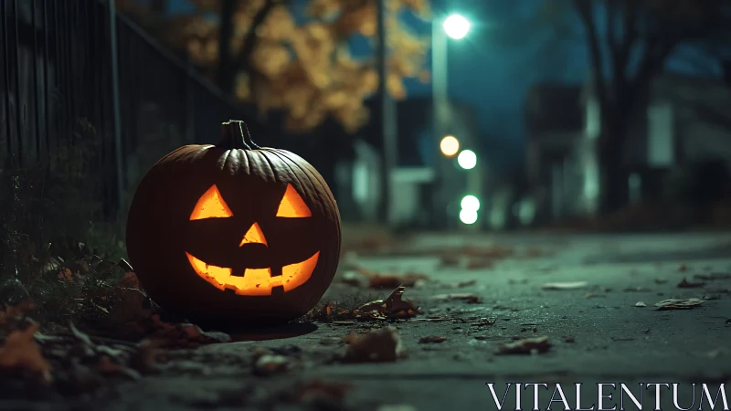 Glowing jack-o-lantern smiles along a quiet Halloween street.
