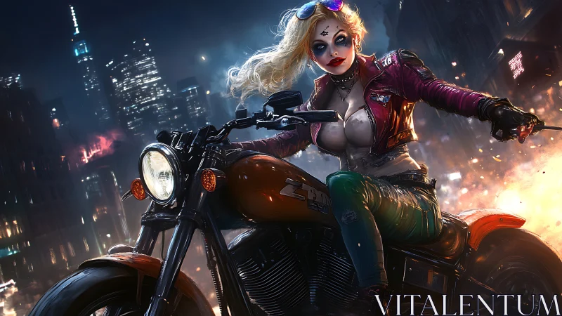 Motorcycle-riding punk woman speeds through burning city streets