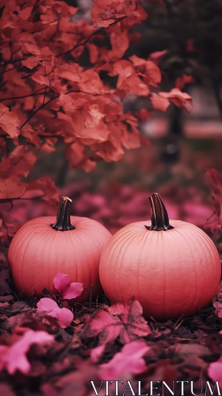 Pink toned pumpkins resting on autumn leaves outdoors.