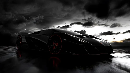 Sleek black supercar on wet reflective surface at dusk.