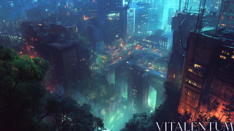Neon canyon metropolis where jungle mist kisses highways.