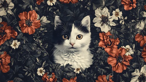 Porcelain Gaze: Feline Portrait Amid Autumn Blooms.