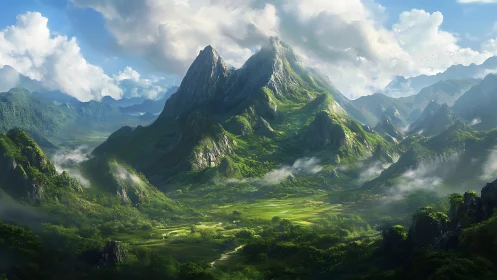 Emerald spires and drifting mists over a hidden valley kingdom.