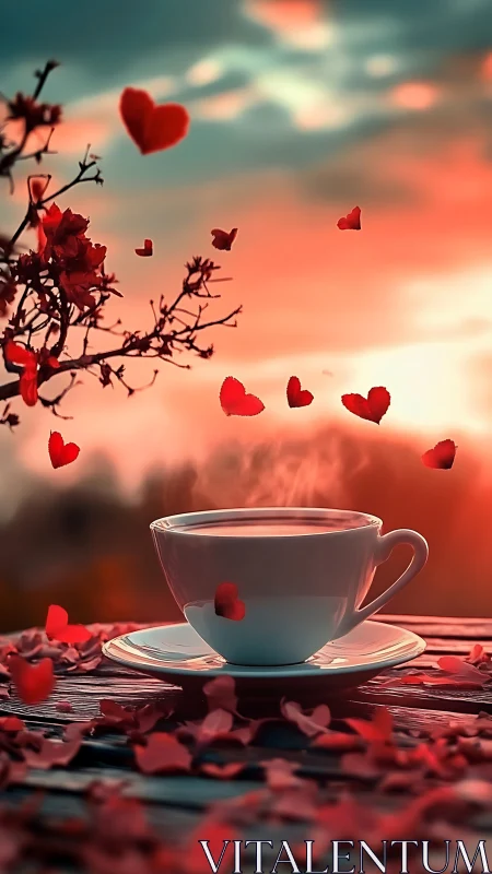 Cup positioned before sunset landscape with heart-shaped elements.