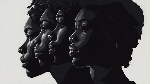Four Black Women in Profile, Modern Digital Art Illustration.