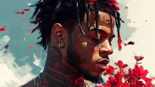 Portrait of tattooed man with red flowers in expressive brushwork