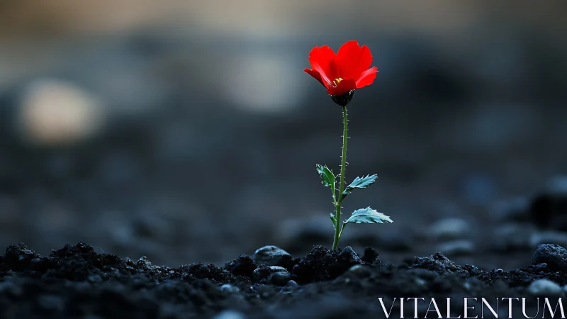 Single red flower rising from dark earth in soft focus.