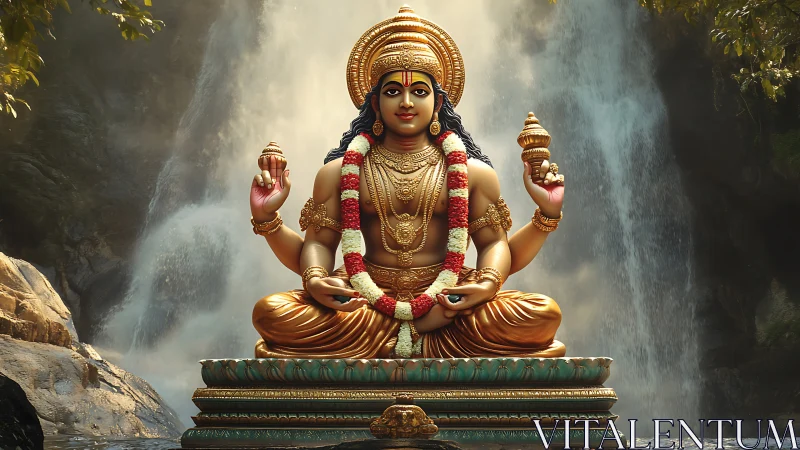 Golden multi-armed deity statue before cascading waterfall.