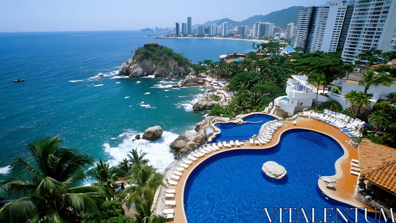 Terraced infinity resort pool overlooking tropical bay coastline.