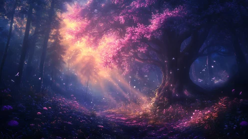 Enchanted Forest Glow with Pink Blossoms.