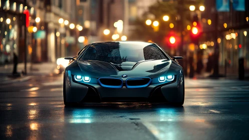 Low-angle view of futuristic hybrid sports car on wet city street