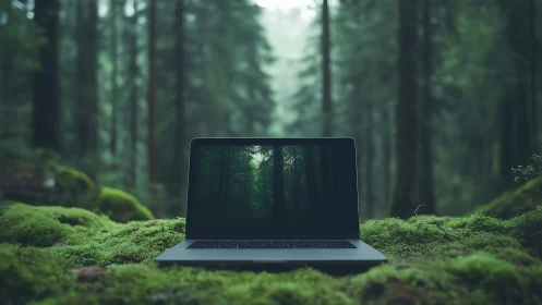 Laptop rests in a serene mossy forest, uniting tech and nature