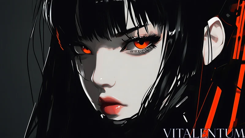 Close-up digital portrait of woman with red glowing eyes.