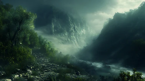 Misty river gorge under moody teal-green atmospheric light.