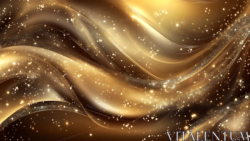 Golden abstract waves curve across frame with bright sparkles
