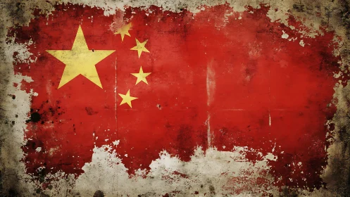 Weathered China flag with distressed grunge texture wall.