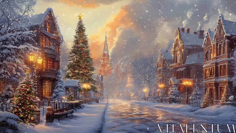 Snowlit Christmas boulevard where lanterns hum with warmth.