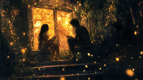 Silhouetted figures exchange moments through glowing window frame.