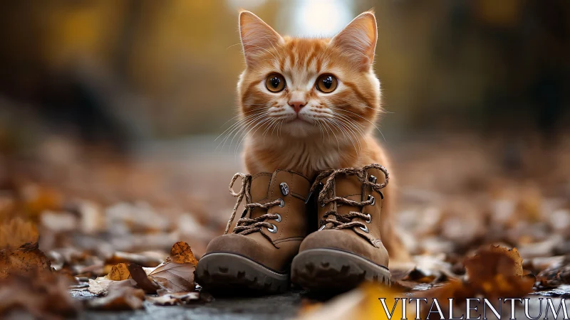 Orange Tabby Cat Wearing Hiking Boots on Autumn Ground.