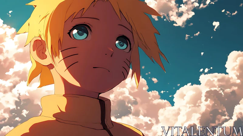 Anime-style blond youth rendered against dense cloudscape