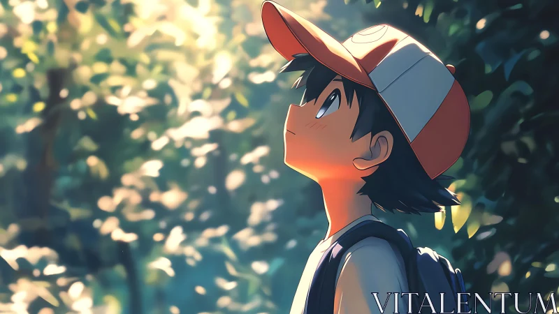 Youthful anime hiker gazing upward in dappled forest light