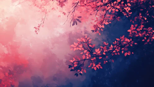 Pink foliage branches against soft abstract sky gradient.