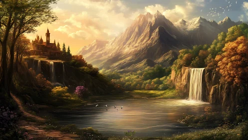 Sunlit valley of waterfalls, quiet castle, and distant peaks.