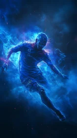 Energetic blue plasma soccer player in dynamic mid-kick pose