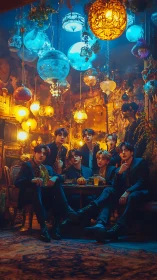 Opulent lounge portrait under glowing mosaic lanterns.