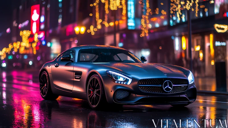 Sleek sports car glows under neon lights on rainy city street