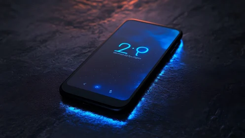 Smartphone on dark surface with neon blue edge glow.