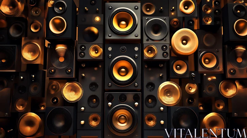 Golden speaker wall inviting you into a warm soundscape.