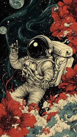 Astronaut drifts through cosmic blooms in dreamlike space