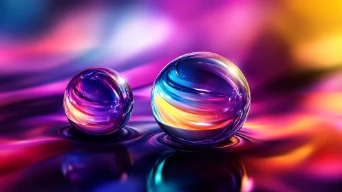 Twin chromatic orbs drift like planets on liquid neon dusk