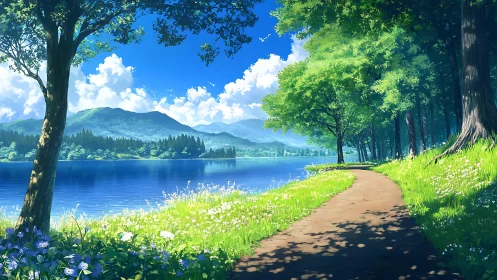 Lakeside forest path under clear blue summer sky.