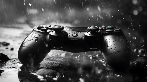 Game controller in cinematic rain with dramatic highlights.