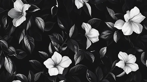 Black and white botanical illustration with five-petal flowers