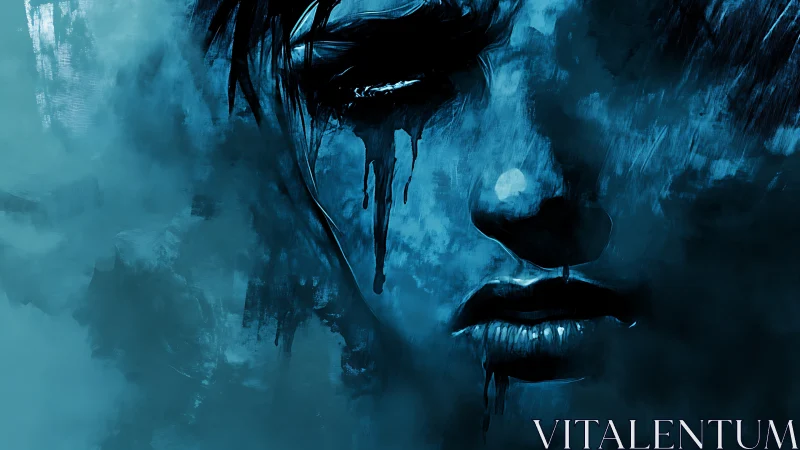 Midnight tears dissolve a haunted face in frozen blue mist.